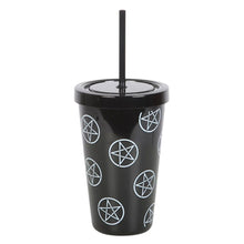 Load image into Gallery viewer, Witchy Gothic Pentagram Black Plastic Tumbler with Straw
