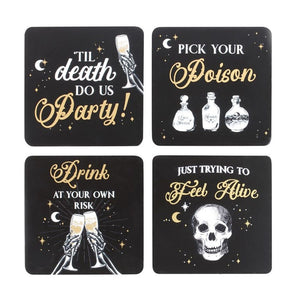 Gothic Black 'Til Death Do Us Party' Skeleton Coaster Set