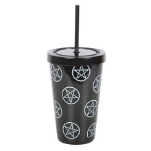 Load image into Gallery viewer, Witchy Gothic Pentagram Black Plastic Tumbler with Straw
