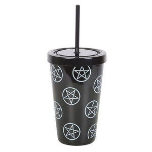 Witchy Gothic Pentagram Black Plastic Tumbler with Straw