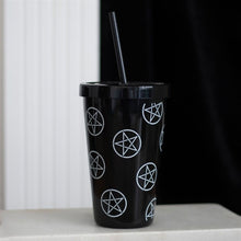 Load image into Gallery viewer, Witchy Gothic Pentagram Black Plastic Tumbler with Straw
