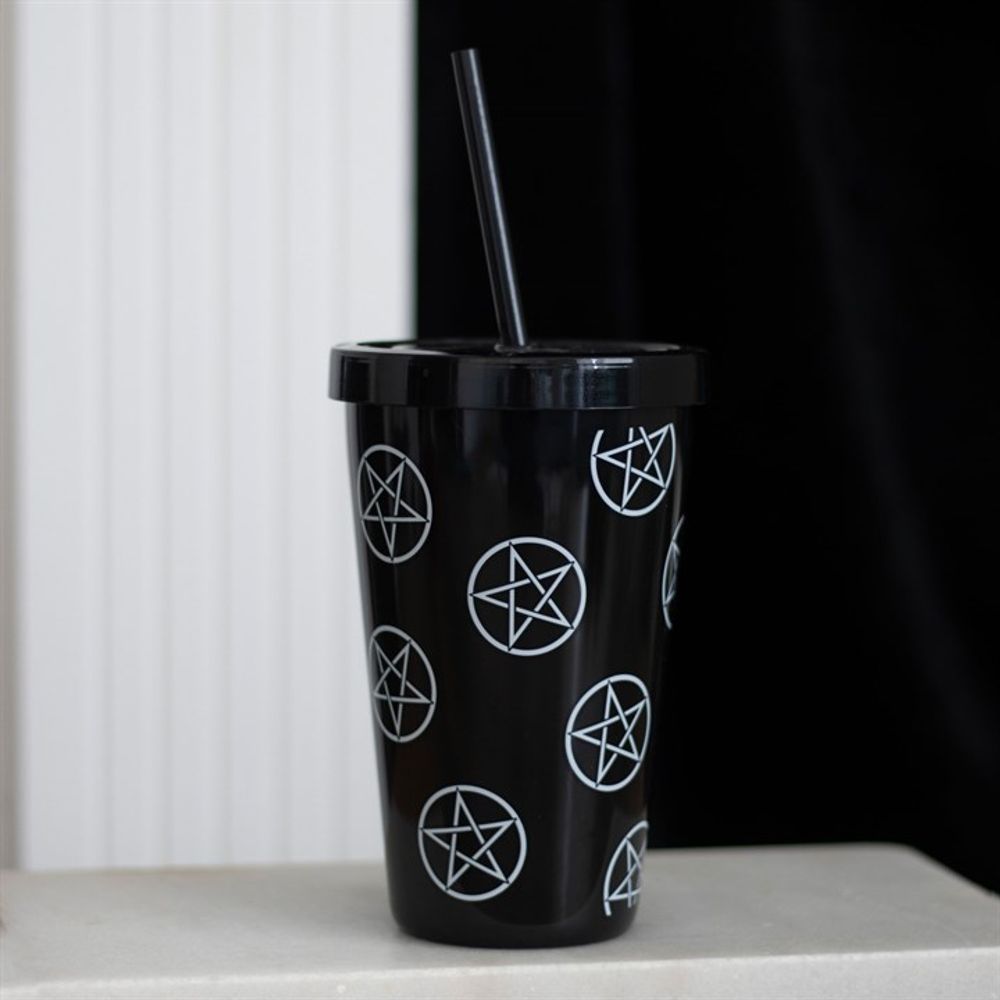 Witchy Gothic Pentagram Black Plastic Tumbler with Straw