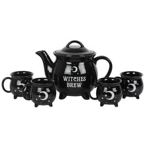 Witches Brew Ceramic Cauldron Tea Set & 4 8oz Moon Mugs