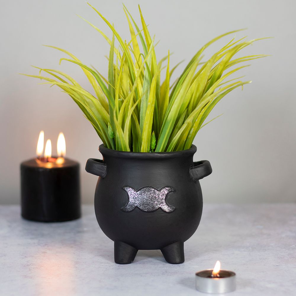 Triple Moon Cauldron Terracotta Plant Pot Goth Homeware