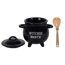 Load image into Gallery viewer, Witches Broth Cauldron Soup Bowl with Broom Spoon Goth Homeware
