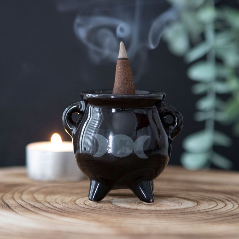 Triple Moon Cauldron Ceramic Incense Holder Goth Homeware