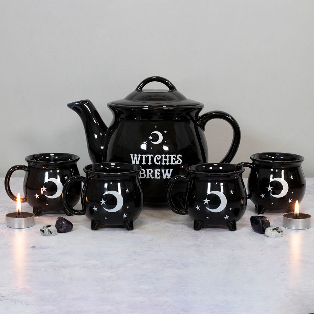 Witches Brew Ceramic Cauldron Tea Set & 4 8oz Moon Mugs