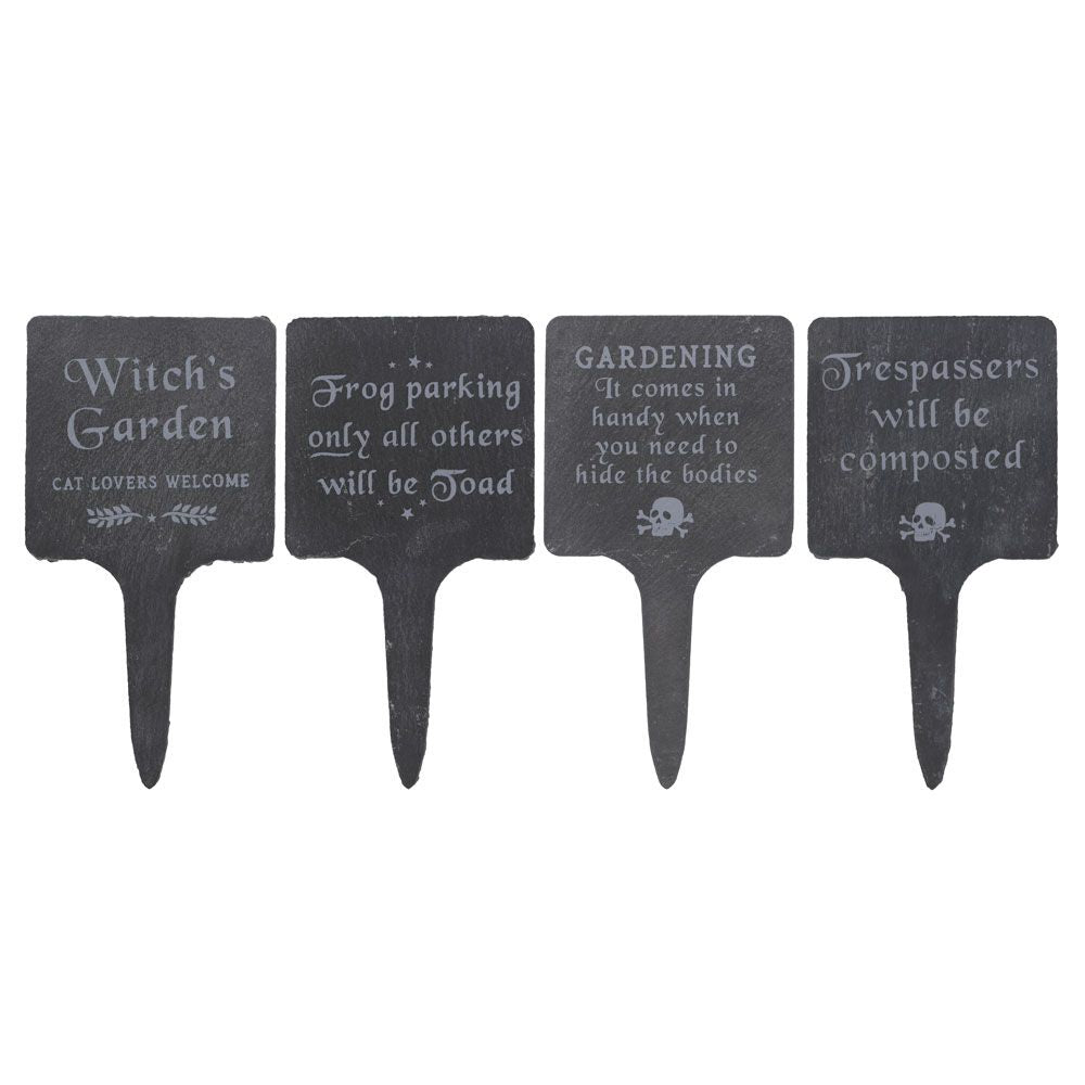 Set of 4 Slate Witchy Goth Garden Signs