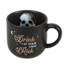 Load image into Gallery viewer, Drink At Your Own Risk Black Skull Mug Gothic Homeware
