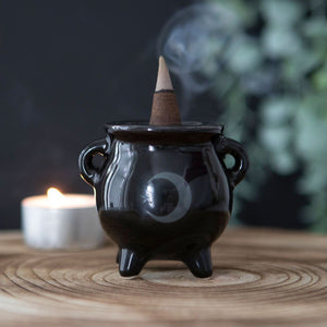 Mystical Moon Cauldron Ceramic Incense Holder Goth Homeware